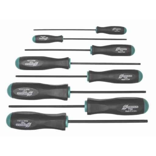 A set of BONDHUS Torx screwdrivers with black handles and green accents.