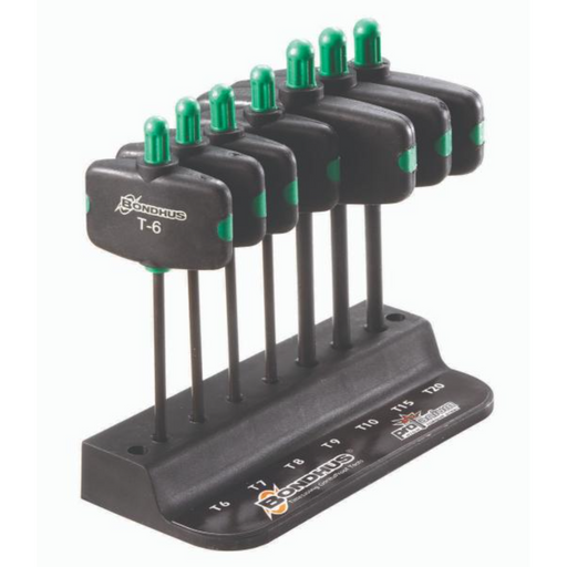 A set of BONDHUS Torx Plus Wing Tools with green and black handles and metal shafts, displayed on a black holder with size labels.