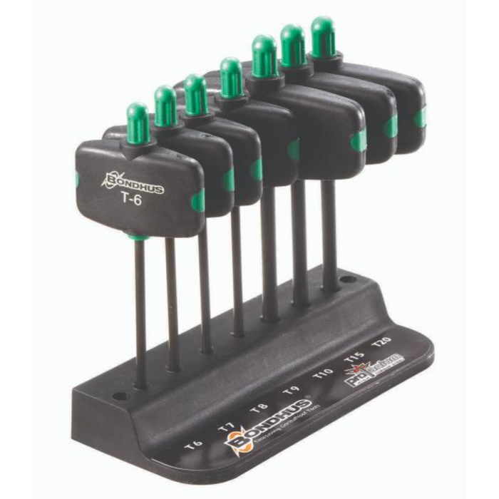 A set of BONDHUS Torx Plus Wing Tools with green and black handles and metal shafts, displayed on a black holder with size labels.
