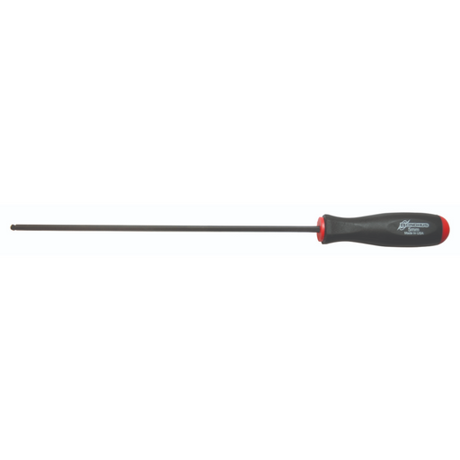 A black and red Bondhus metric extra long ball end screwdriver with an ergonomic handle and a proguard finish.