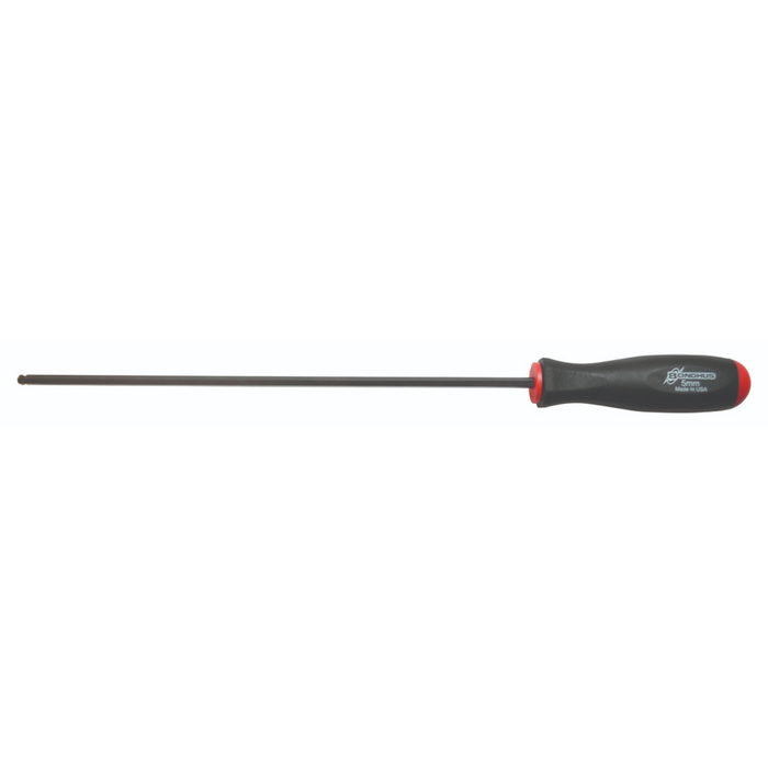 A black and red Bondhus metric extra long ball end screwdriver with an ergonomic handle and a proguard finish.