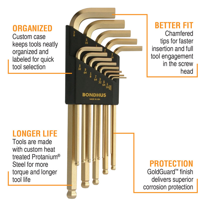 BONDHUS BLX12G Gold BallEnd Hex Keys 12pcs Imperial Set 0.050"-5/16",