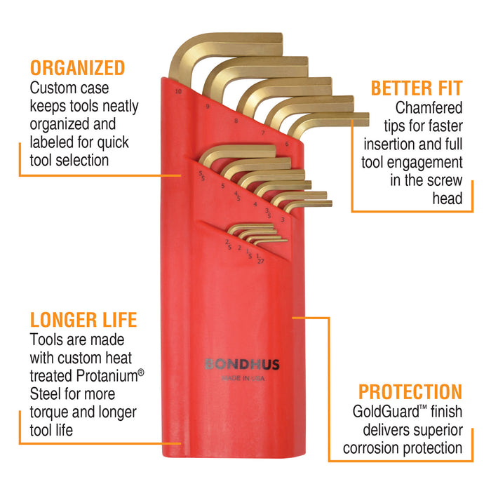 A set of gold coloured hex keys in a red holder on a white background with their features highlighted