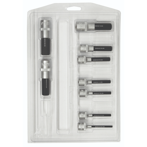 A transparent clamshell packaging containing a set of ProHold InHex sockets and bits in imperial sizes ranging from 5/32 inch to 5/8 inch.