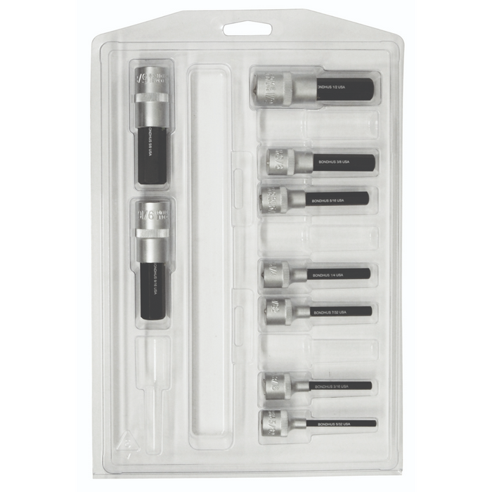 A transparent clamshell packaging containing a set of ProHold InHex sockets and bits in imperial sizes ranging from 5/32 inch to 5/8 inch.