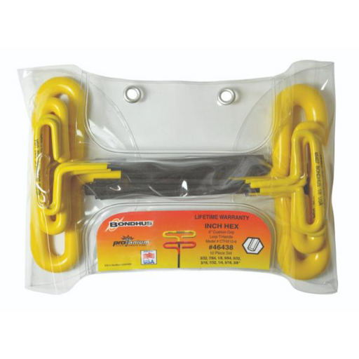 A set of yellow and black T-handle hex cushion grips in a clear plastic packaging with branding and size information visible.