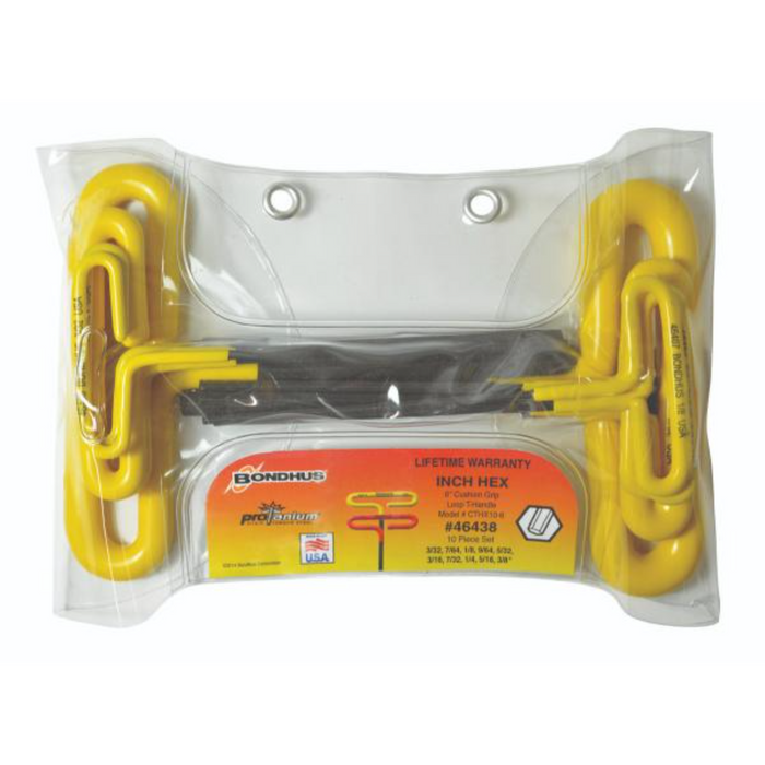 A set of yellow and black T-handle hex cushion grips in a clear plastic packaging with branding and size information visible.