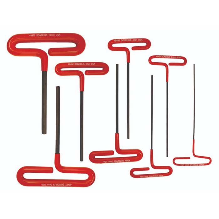 A set of red T-handle hex keys with a cushion grip, including various sizes from 2mm to 10mm, displayed on a white background.