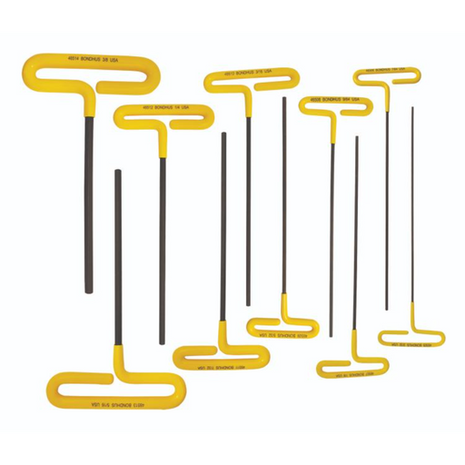 A set of cusion grip T-handle hex keys with yellow grips and black shafts in various sizes, laid out parallel to each other.