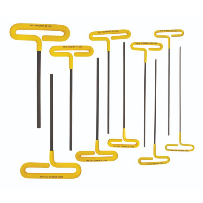 A set of cusion grip T-handle hex keys with yellow grips and black shafts in various sizes, laid out parallel to each other.