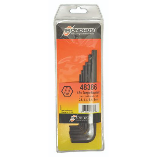 A set of Bondhus tamper-resistant metric L-wrenches in black color, packaged in a clear plastic casing with orange and yellow accents.