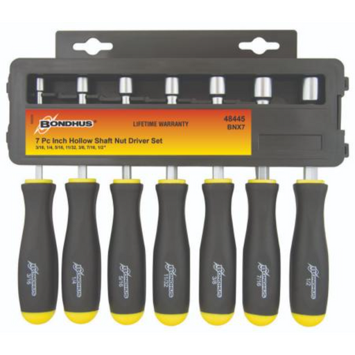 A set of 7 BONDHUS Imperial nut drivers with black and yellow ergonomic handles and chrome plated shafts.