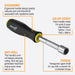 Screwdriver with ergonomic handle, color-coded design, anti-roll feature, and torque capability on a white background.