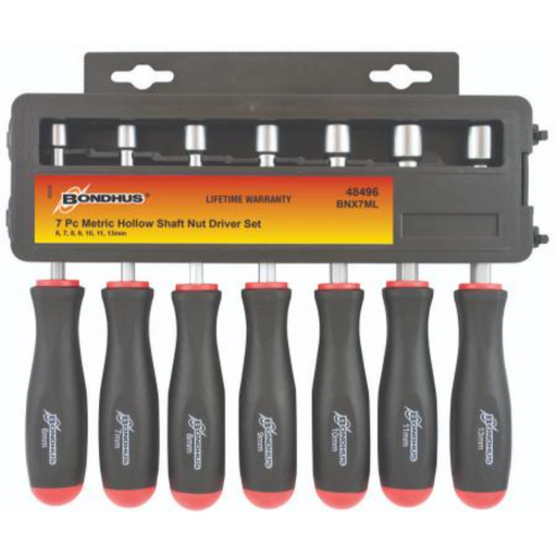 A set of 7 BONDHUS Metric Nut Drivers with black ergonomic handles and silver chrome-plated shafts, displayed in a gray plastic packaging.