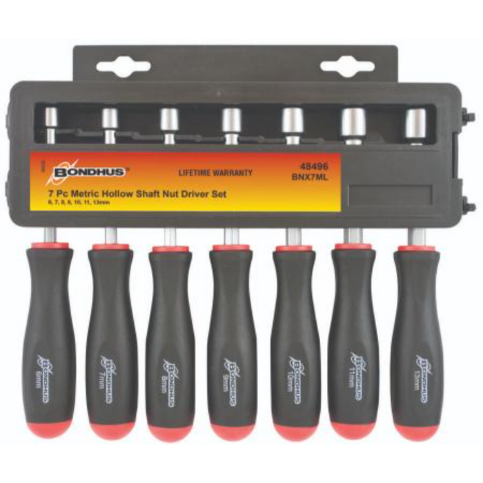 A set of 7 BONDHUS Metric Nut Drivers with black ergonomic handles and silver chrome-plated shafts, displayed in a gray plastic packaging.