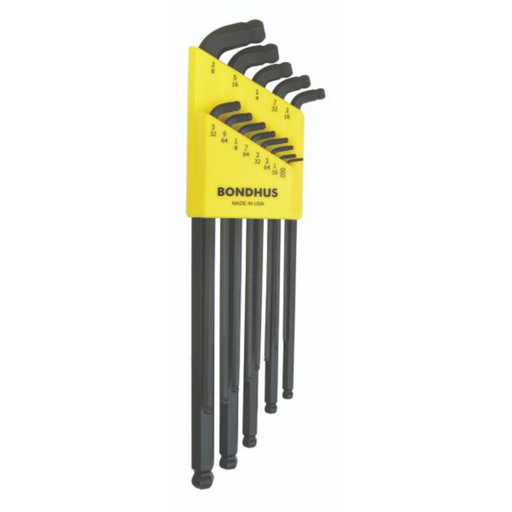 A set of 13 Bondhus stubby double ballend hex keys in black and yellow, with sizes ranging from 0.050 to 3/8 inch, displayed in a Bondhus case.