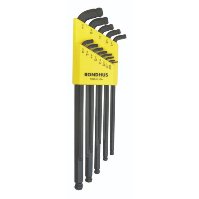 A set of 13 Bondhus stubby double ballend hex keys in black and yellow, with sizes ranging from 0.050 to 3/8 inch, displayed in a Bondhus case.