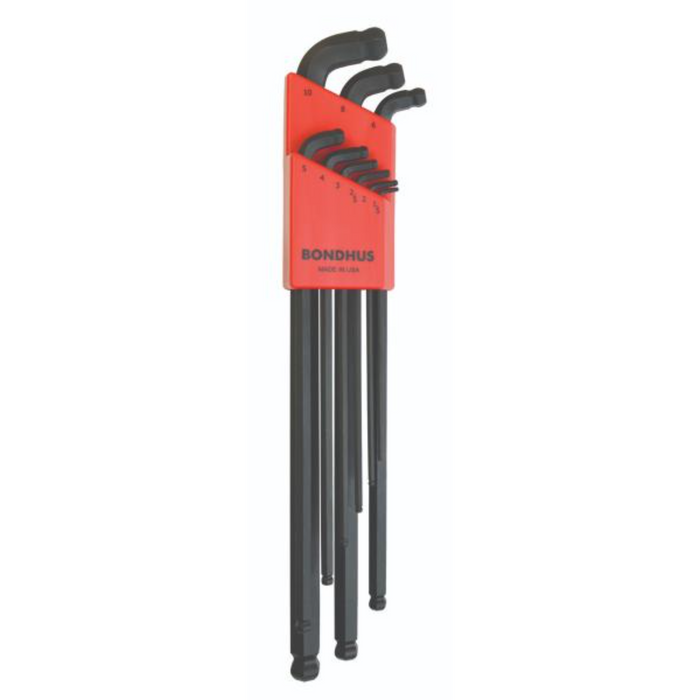 A set of 9 Bondhus double stubby ball end L-wrenches in metric sizes, displayed in a red holder with the Bondhus logo.