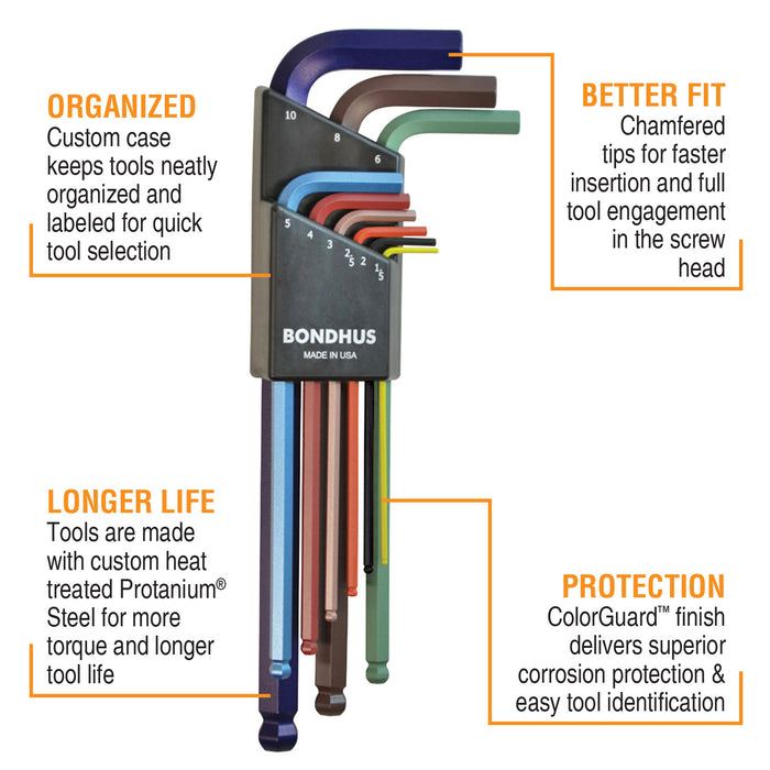 BONDHUS BLX9MCG ColourGuard BallEnd Hex Key 9pcs Metric Set