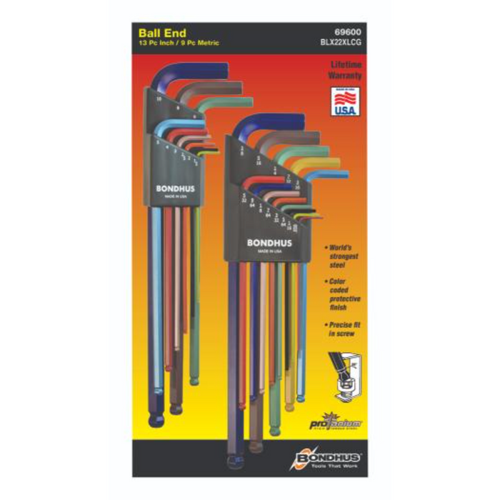 BONDHUS BLX22XLCG ColourGuard BallEnd Hex Key 22pcs Metric/Imperial Set