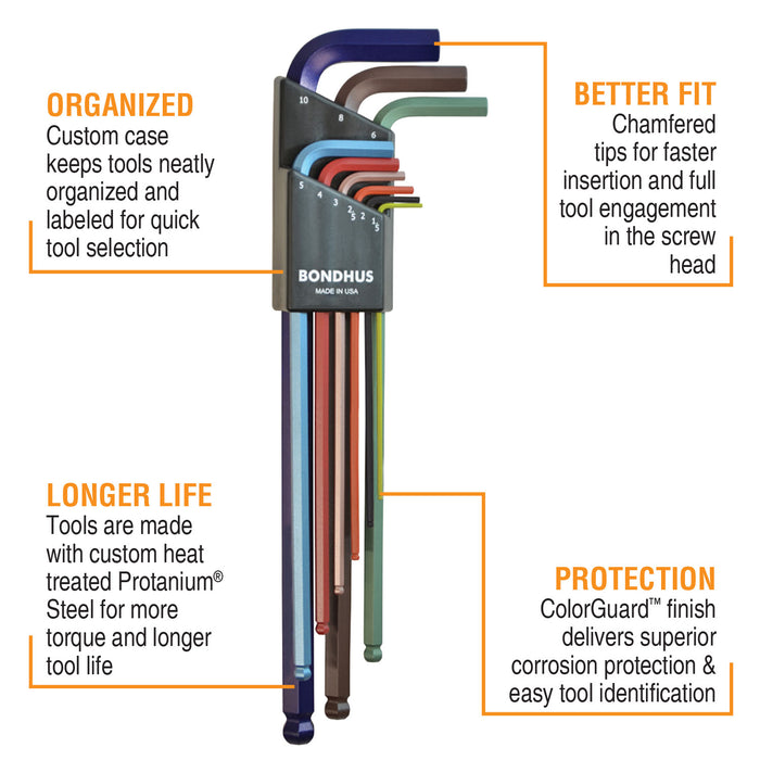 Set of different coloured hex keys with labeled benefits on a white background