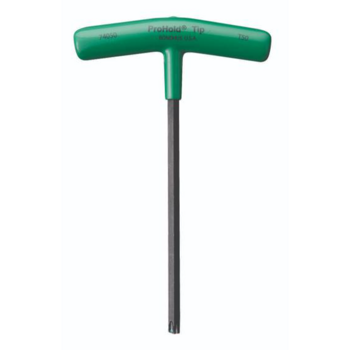 A ProHold Torx T-handle with a black shaft and green grip.