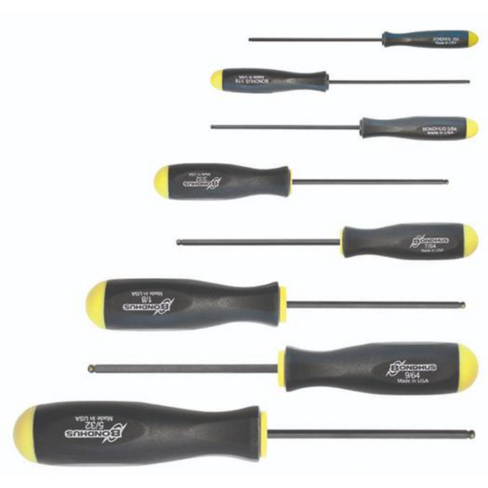 A set of black and yellow BONDHUS ProHold BallEnd Screwdrivers with different sizes for various tasks.