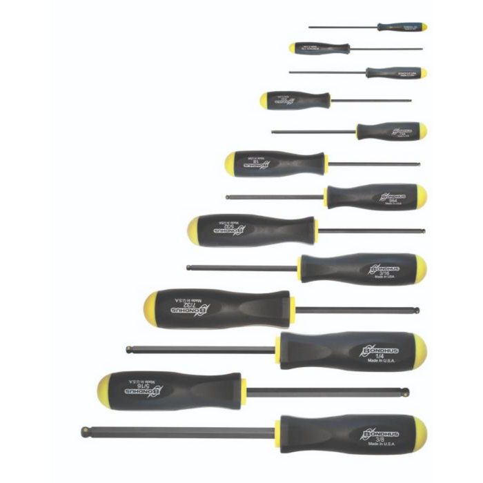 different sizes of Black pro-hold ballend screwdrivers with yellow on the handle on a white background