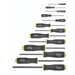 different sizes of Black pro-hold ballend screwdrivers with yellow on the handle on a white background