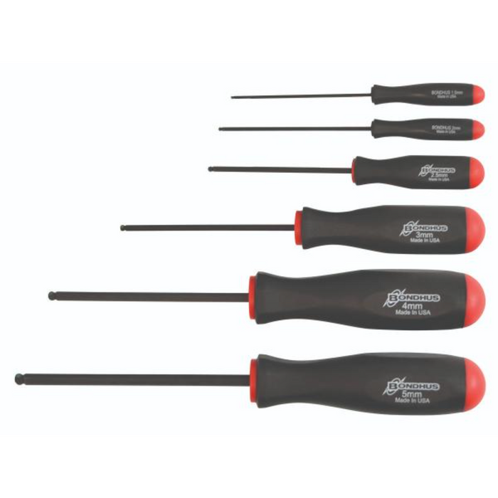 A set of ProHold ball end screwdrivers with black shafts and red and gray handles.