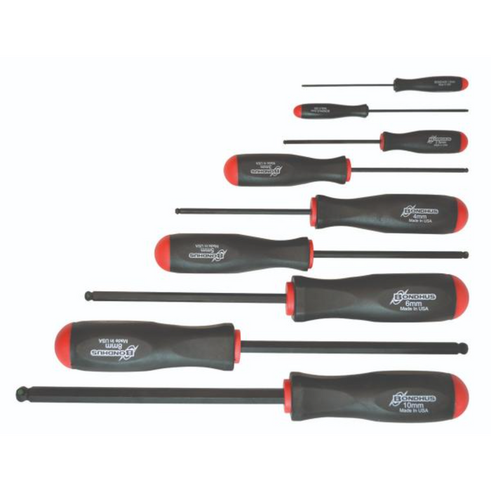 different sizes of Black pro-hold ballend screwdrivers with red on the handle on a white background