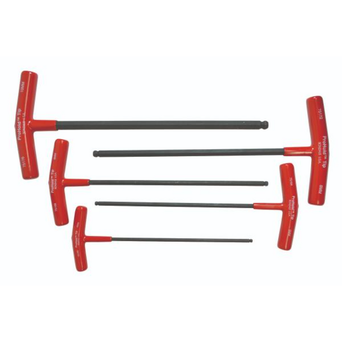 Different sizes of the red handled ProHold Ball End tip T-Handles on a white background