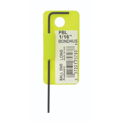 A yellow and black BONDHUS ProHold BallEnd Imperial L-Wrench with a black tip and a yellow label with product information.