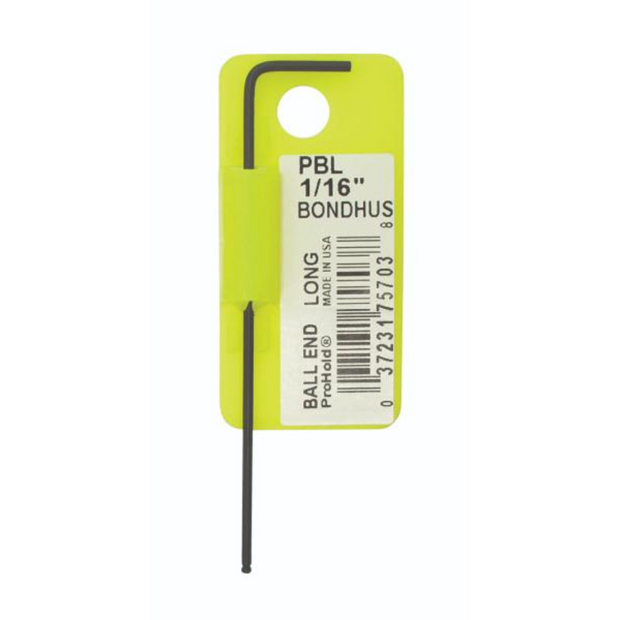 A yellow and black BONDHUS ProHold BallEnd Imperial L-Wrench with a black tip and a yellow label with product information.