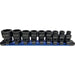 Set of black sockets on a blue holder against a white background