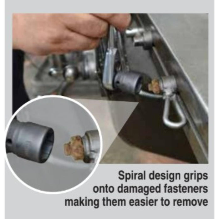 Close-up of a tool with a spiral design gripping onto a damaged fastener, with an inset showing the fastener.