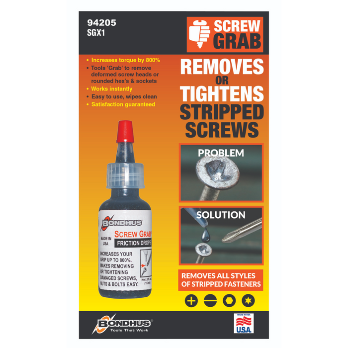 A product image featuring Screw Grab Friction Drops in a small bottle with a red cap. The label includes the product name and a brief description.