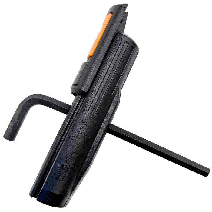 Black and orange tool with a hex wrench on a white background