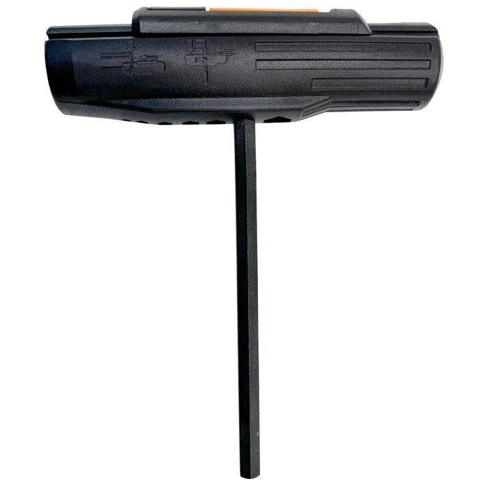 Black metal rod with a textured black top on a white background