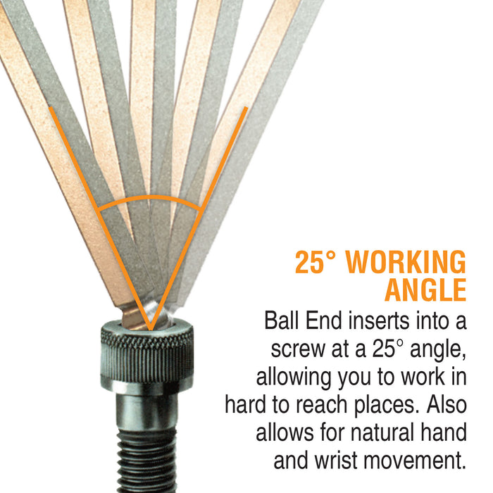 Close-up of a tool with a 25-degree working angle feature, showing how the ball end inserts into a screw.