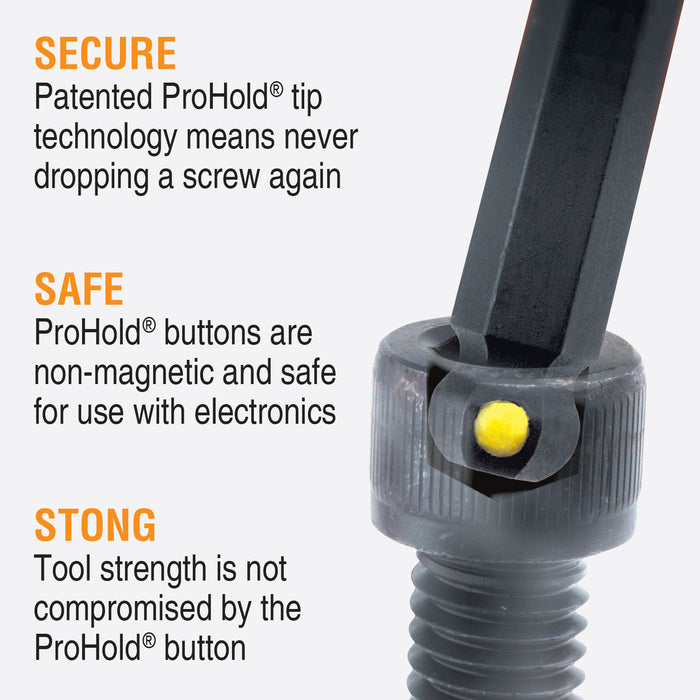 Close-up of a screw with ProHold button technology and text highlighting its features.