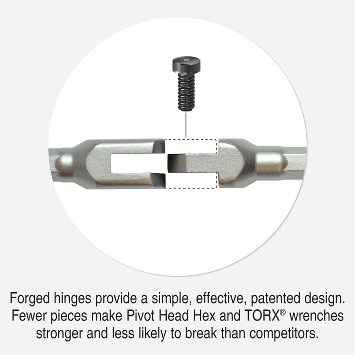 Close-up of a metal wrench with text highlighting forged hinges and patent details.