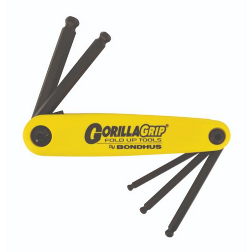 A yellow folding 5 key set from BONDHUS with black accents, labeled 'Gorilla Grip Hex' and 'Utility' on the packaging.