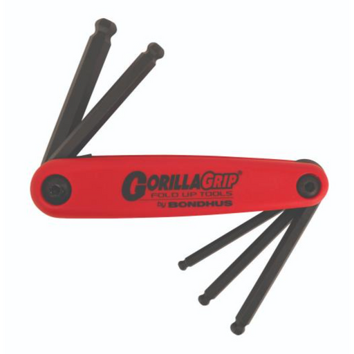 A red folding 5 key set from BONDHUS with black accents, labeled 'Gorilla Grip Hex' and 'Utility' on the packaging.
