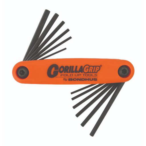 A set of foldable hexagonal Gorilla Grip tools with black handles and orange detailing, including several sizes for metric and imperial measurements.