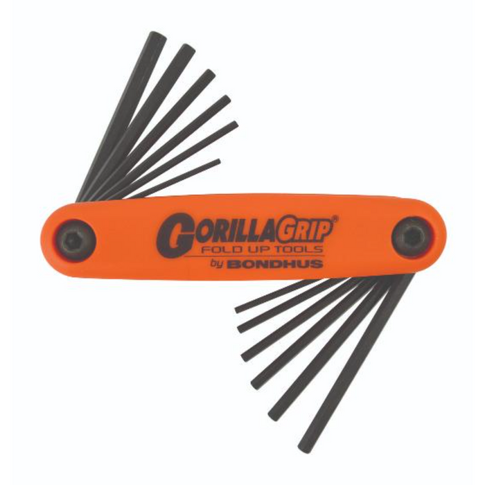 A set of foldable hexagonal Gorilla Grip tools with black handles and orange detailing, including several sizes for metric and imperial measurements.