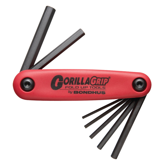 Red Gorilla Grip fold-up tool with 7 black hex keys on a white background