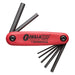 Red Gorilla Grip fold-up tool with 7 black hex keys on a white background