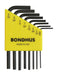 Set of hex keys with a yellow Bondhus tool case on a white background