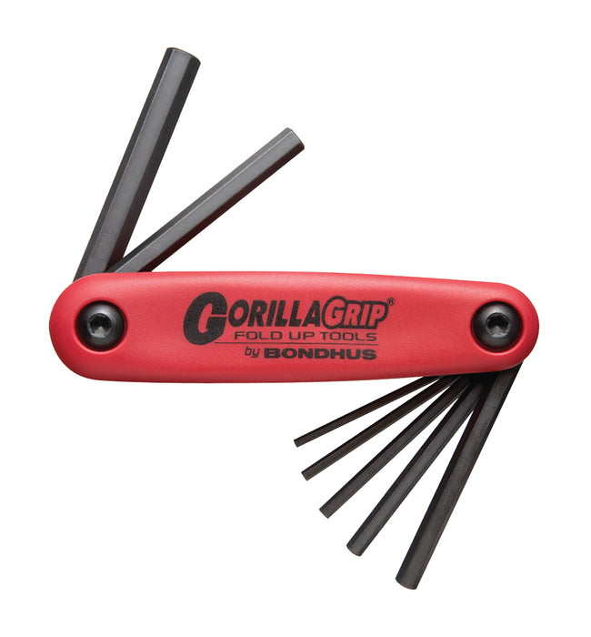 Red GorillaGrip fold-up tool with black hex keys on a white background
